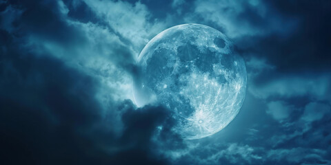 Wall Mural - Fantasy full blue moon. Horror spooky Halloween concept. Cloudy night sky lit by a large closeup of a full moon in a glowing fantasy ethereal moon. Cinematic mystery vibe. Blue sky and moon.