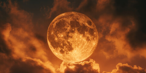 Wall Mural - Fantasy full fiery moon. Horror spooky Halloween concept. Cloudy night sky lit by a large closeup of a full moon in a glowing fantasy ethereal moon. Cinematic mystery vibe. Orange sky and moon.