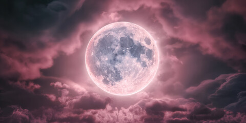 Wall Mural - Halloween enchantment with a vivid fantasy of a full pink moon illuminating a cloudy night sky. The cinematic mystery vibe heightens the eerie charm, casting a bewitching glow on the pink moon