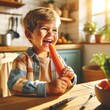 A child happily eating a carrot in the kitchen