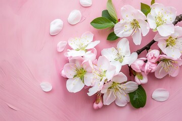 Wall Mural - Flowers blossoms on light pink background. Banner, poster template, greeting card for wedding, mothers or women's day. Spring time flat lay with copy space