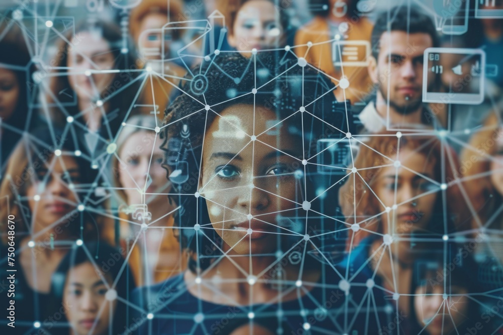 Diverse group of people with digital overlays symbolizing data ...