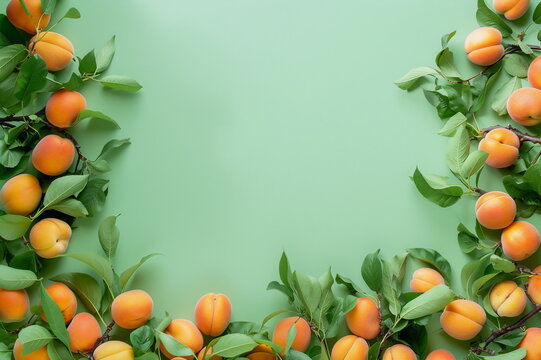apricots border on light green background. spring concept for banner, flyer, card with a copy space