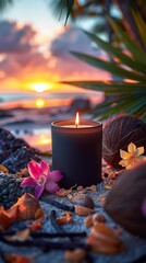 Canvas Print - matte black candle in the center of the frame: a tropical beach at sunset, the candle glows warmly on the sandy shore, accompanied by coconut shells and vanilla beans.