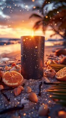 Canvas Print - matte black candle in the center of the frame: a tropical beach at sunset, the candle glows warmly on the sandy shore, accompanied by coconut shells and vanilla beans.