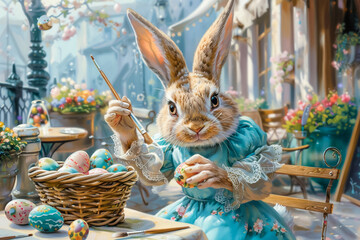 Wall Mural - An elegant Easter bunny in an ancient robe is depicted in the drawing sitting at a table and coloring Easter eggs with a brush and paint.