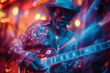 Handsome african american man playing electric guitar in nightclub.