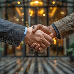 Handshake in Negotiation: Professional handshake between two business individuals, symbolizing agreements and partnerships.