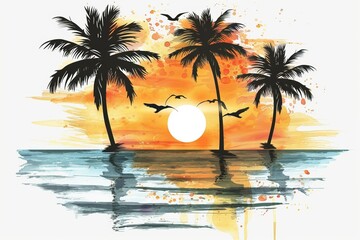 Wall Mural - Sunset Beach water color style,isolate on white,Clip art