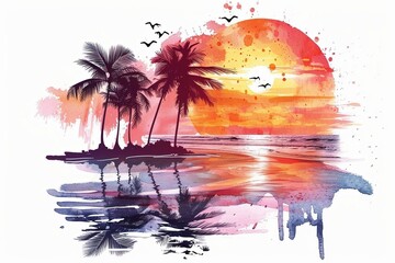 Wall Mural - Sunset Beach water color style,isolate on white,Clip art
