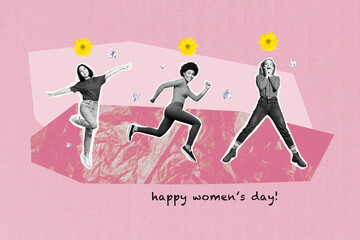 Sticker - Image collage sketch of cheerful optimistic girls have fun enjoy march 8 celebration happy womens day isolated on creative background