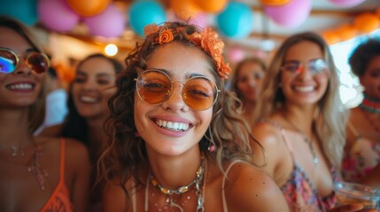 Wall Mural - Portrait of beautiful young women in swimsuits and sunglasses having fun on summer beach party