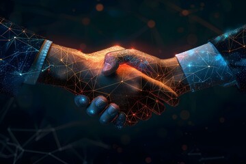 Abstract low poly agreement handshake. isolated on blue dark background. business partner connection concept. vector illustration futuristic modern design