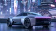 © doraclub - A concept electric sports car stands out with its sleek design against the vibrant neon lights of a futuristic cybercity at night.