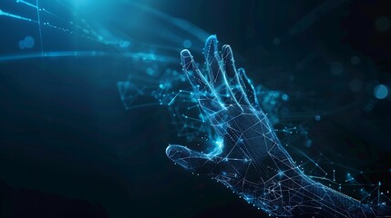 Digital hand hologram on dark background with copy space. Neural network connection.