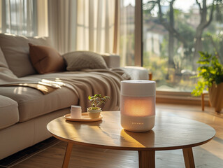 Canvas Print - Cozy living room with a modern essential oil diffuser on a wooden coffee table surrounded by sunlight and greenery in a warm afternoon setting