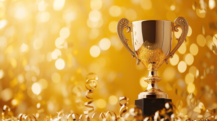 Wall Mural - golden trophy on shimmering bokeh background symbolizing victory and success.