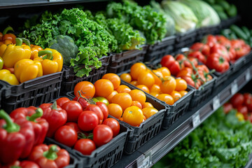 Sticker - Vibrant supermarket in the vegetable section, background with copy space.