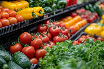 Poster - Vibrant supermarket in the vegetable section, background with copy space.