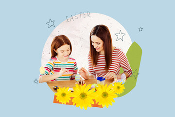 Wall Mural - Creative art template collage of cute mom daughter paint eggs celebrate easter holiday tradition invitation billboard comics zine minimal