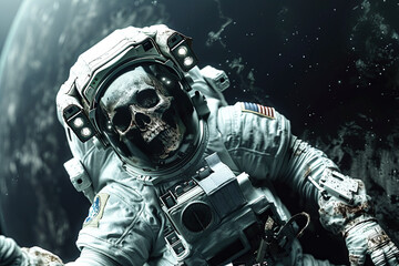 zombie skeleton astronaut in spacesuit floating in space illustration.