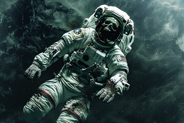 zombie skeleton astronaut in spacesuit floating in space illustration.