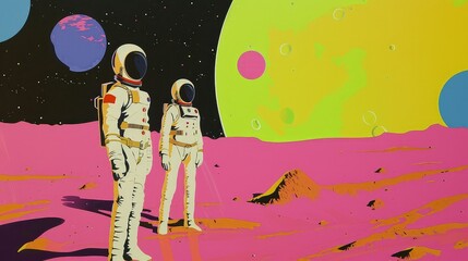 Wall Mural - Male and female astronauts in a desert, planets and stars in background.