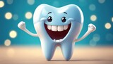 Fototapeta  - Happy cartoon tooth character with glowing background