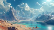 Illustration Of Exploration Of An Alien Land Of Outer Space, Featuring Towering Mountains And Calm Waters