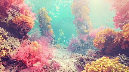 Wall Mural - Vibrant underwater seascape with colorful corals and sunlight. serene marine life scene ideal for backgrounds. AI