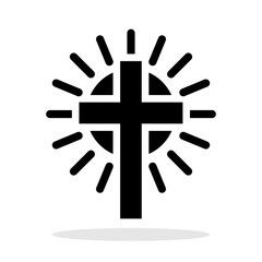 Wall Mural - Christian cross icon. Black symbol of Christian cross with sun rays. Religious symbol. Vector illustration.