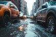 city street full of cars are flooding due to the recent storm. generative ai