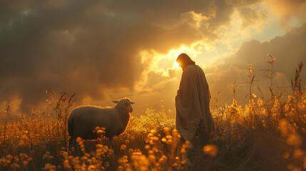 photo of Jesus and a sheep with sunlight in the background