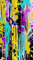 Poster - Explosion of neon paint splatters, vibrant abstract graffiti style background. Vertical composition. Live backdrop best for yours stories, reels, lockscreen, video presentation, cover, opener, intro