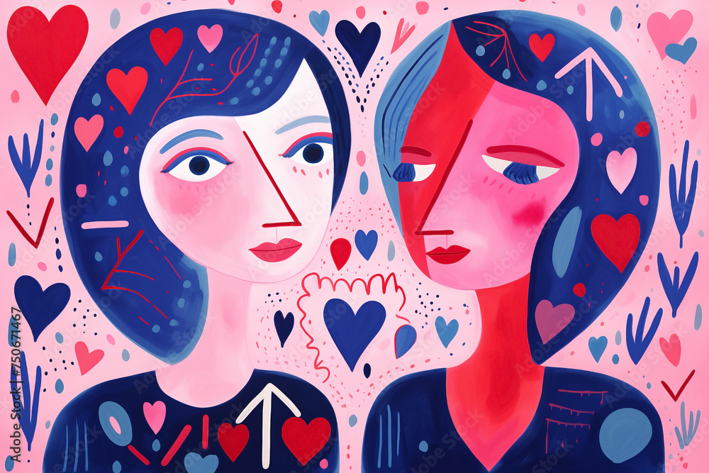 Partners Abstract Illustration Stock Abnormal partners with hearts in expressionist ...