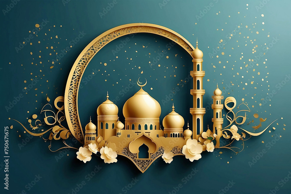 Eid Mubarak simple elegant and luxury with a mosque gold and 3d islamic ...