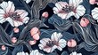 Black and white seamless pattern with pink flowers on blue background. Art nouveau style.