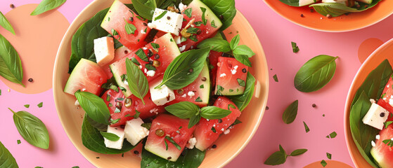 Wall Mural - Watermelon salad with feta cheese and basil on pink background. Flat lay food composition. Summer fruit and healthy eating concept. Design for menu, poster, wallpaper