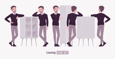 Wall Mural - Young businessman, cute handsome man, formal outfit set, leaning poses. Smart business office V-neck pullover sweater, tie, white shirt collar, grey costume pants, classic shoes. Vector illustration