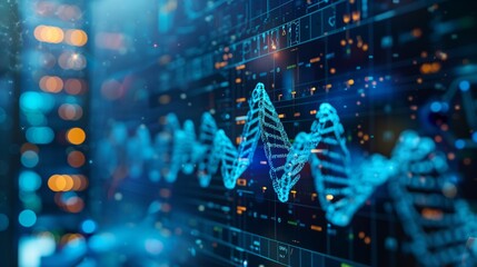 Abstract digital interface showing DNA sequencing for biotechnological research and analysis.