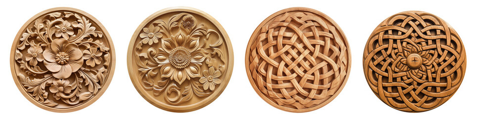 A set of pattern flowers is carved on round wood. Ornament Wood carving and woodworking. Isolated on transparent background