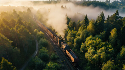 Wall Mural - Cargo Train  summer morning forest fog sunrise Aerial view