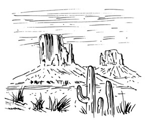 hand drawn vector sketch of american desert landscape