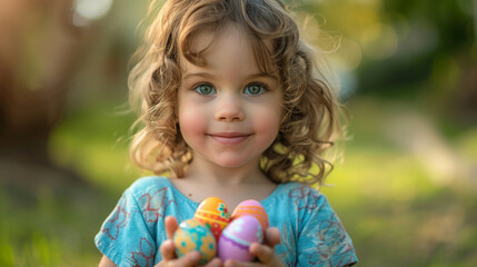 cute girl gathering eggs outdoors on Easter,ai