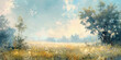 Beautiful landscape painting of field with trees, wildflowers, and blue sky in background