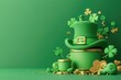 St. Patrick's Day green background with shamrock, pot of gold coins, green leprechaun hat and horseshoe