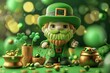 Saint Patrick's Day background with leprechaun, pot of gold and shamrock
