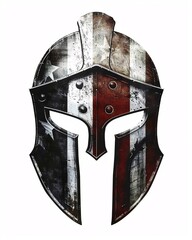 USA flag Spartan on isolated white background, Ancient medieval knight helmet 4th of july