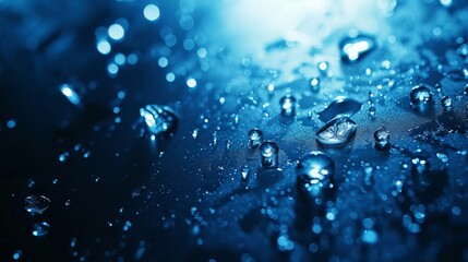 Canvas Print - Close-up of illuminated water droplets on a dark blue surface