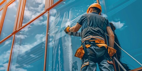 An employee of a professional cleaning service in overalls washes the glass of the windows of the facade of the building